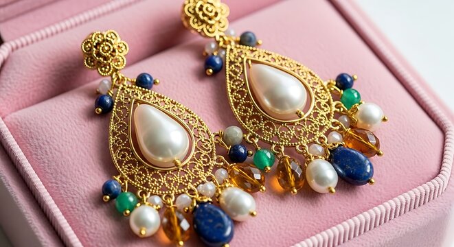 Elegant gold pear shaped earrings with pearls and gemstones earrings gemstones