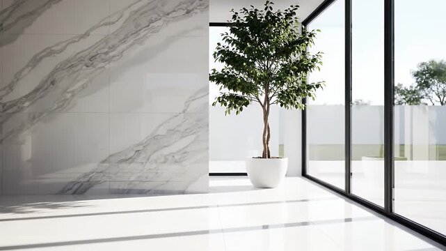 Minimalist modern interior with large marble wall, floor-to-ceiling windows, and indoor plant, bathed in sunlight.