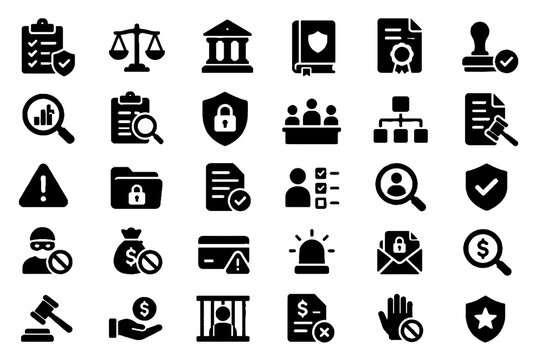 Audit and Compliance Solid Icon Set for Corporate Governance, Regulation, Fraud and Legal Risk Management