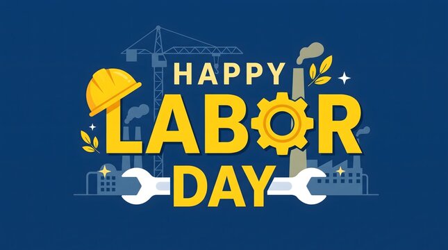 A festive graphic design celebrating happy labor day featuring yellow bold typography with industrial icons like a hard hat gear and wrench on