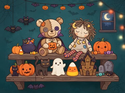 Cute teddy bear and doll sitting on a shelf with halloween decorations and pumpkins