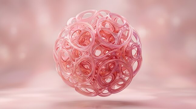 Intricate pink 3d geometric sphere structure featuring complex circular holes and organic flowing shapes created with smooth glossy reflective material