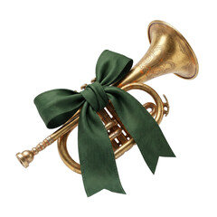 Fototapeta premium Antique brass horn with green ribbon bow isolated on black background. Brass horn featuring decorative engraving used for Christmas music celebration or holiday festive ornament design.