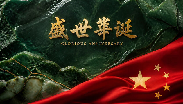 Chinese flag ribbon on dark jade stone with gold bilingual National Day text