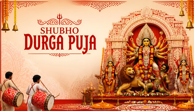 Shubho durga puja festival greeting banner with traditional goddess idol and dhak drum players hindu festival dhak drums religious festival
