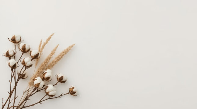 Dried cotton flower branch on ivory studio background with copy space