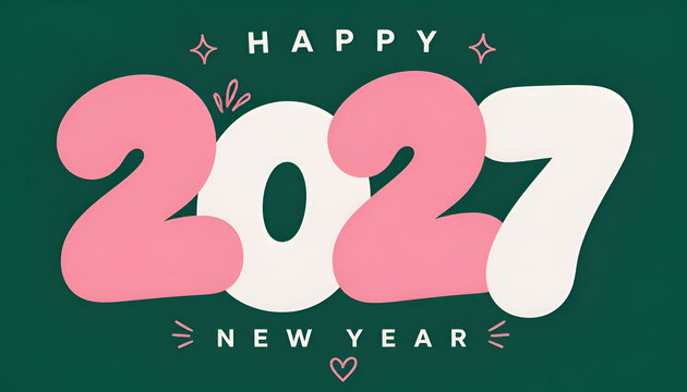 Happy new year 2027 greeting card design with pink and white typography on dark green background pink numbers holiday design annual event january first party invita