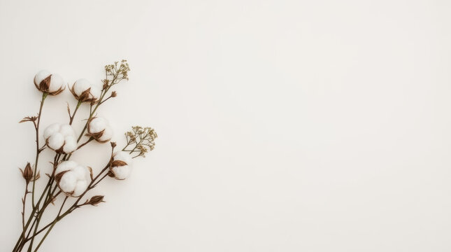 Cotton flower branch on ivory studio background with spacious copy space