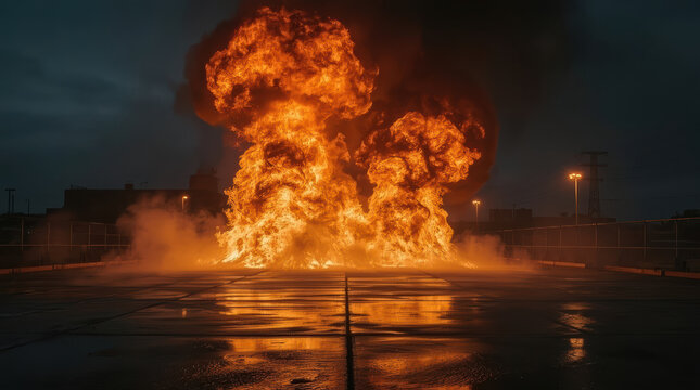 Large industrial fire with blazing flames reflecting on wet pavement