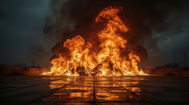 Large industrial fire with blazing flames reflecting on wet ground