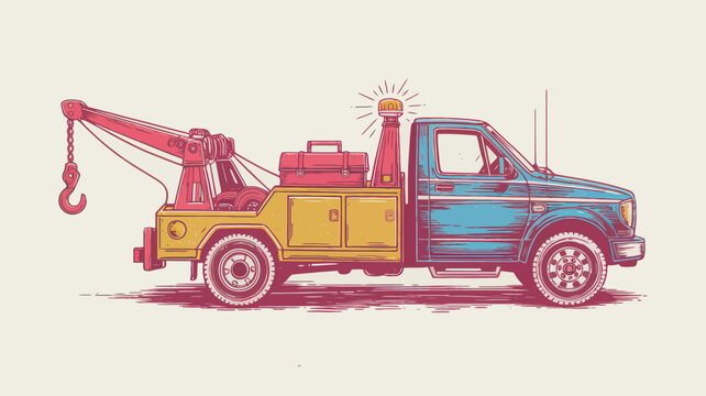 Vintage tow truck vector illustration, retro breakdown recovery vehicle with crane hook, classic roadside assistance service van