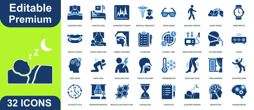 Sleep apnea and disorder medical icons set in blue and white theme for healthcare presentations