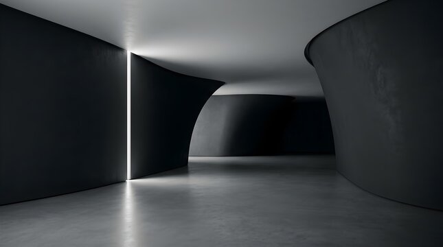 Modern abstract architectural interior featuring dark curved walls with smooth concrete floors and dramatic vertical glowing light illumination for background design