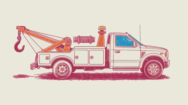 Vintage tow truck illustration, retro recovery vehicle vector, classic roadside assistance wrecker with crane and hook