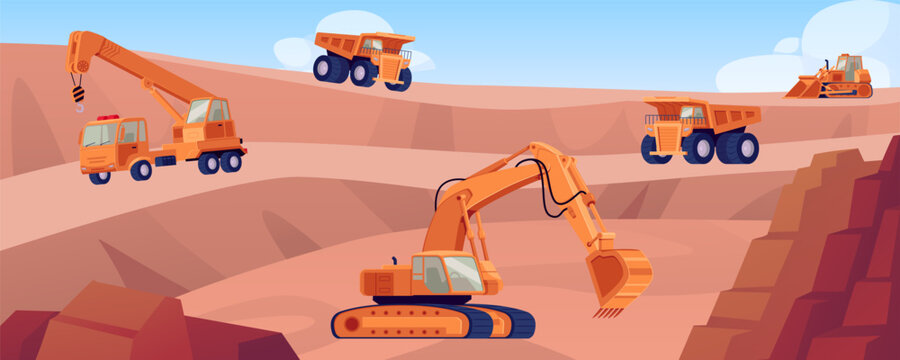 Industrial heavy machinery working in quarries vector flat illustration, cartoon excavator crawler, bulldozer dump truck
