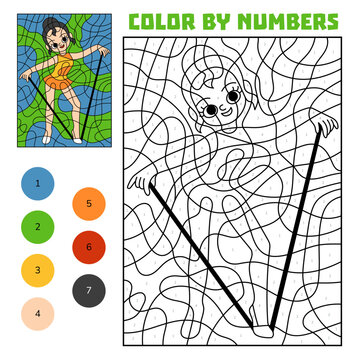 Color by number game, cute rhythmic gymnast girl with rope. Educational activity for kindergarten kids to learn numbers and colors. Printable worksheet for sports schools and clubs