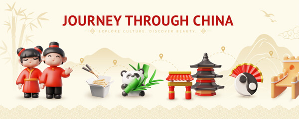 Journey through China 3D vector banner design, Chinese world attraction elements, panda with bamboo, Great Wall of China © sabelskaya