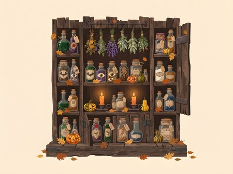 Old wooden shelf with magic potion bottles herbs and candles for a fantasy witch room