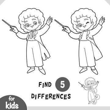 Cute girl conductor of orchestra character. Spot the differences game for kindergarten and preschool kids. Black and white coloring worksheet to develop attention and visual perception skills