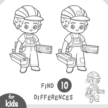Cute character builder with wooden plank and toolbox. Spot the differences game for kindergarten and preschool children. Black and white coloring page for kids about professions