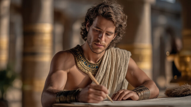 Joseph in Potiphar&rsquo;s house writing on a scroll in ancient Egyptian setting with focused atmosphere