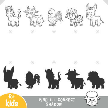 Cute farm animals set with donkey, sheep, rooster, cow and horse. Find the correct shadow matching game for preschool and kindergarten children. Black and white printable coloring worksheet