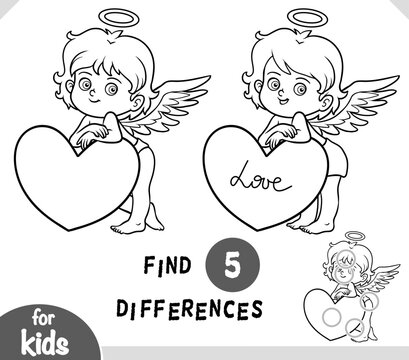 Cute character Angel with big heart. Spot the differences game for kindergarten and preschool children. Black and white coloring page for kids
