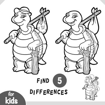 Cute animal character turtle traveler. Spot the differences game for kindergarten and preschool children. Black and white coloring page for kids