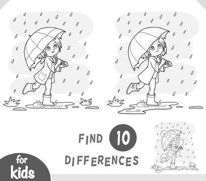 Cute character Girl running with an umbrella in the rain. Spot the differences game for kindergarten and preschool children. Black and white coloring page for kids