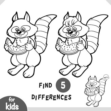 Cute animal character raccoon and watermelon Spot the differences game for kindergarten and preschool children. Black and white coloring page for kids