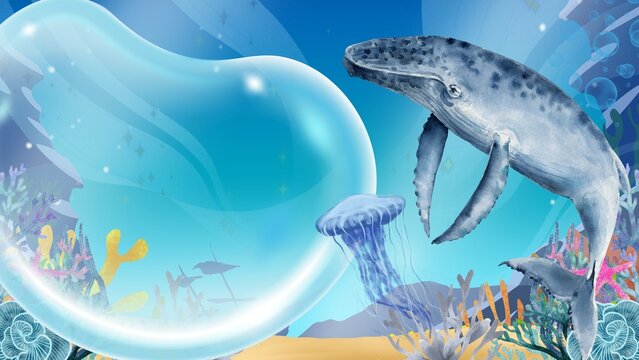 Prehistoric Mosasaur in Underwater Bubble Scene.