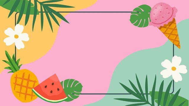 Tropical Summer Frame with Fruits and Leaves.