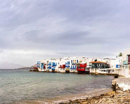 Waterfront neighborhood of Little Venice in Mykonos Town, Greece, on a grey winter day 