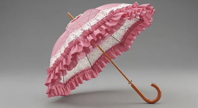 A pink and white parasol with a wooden handle illustration