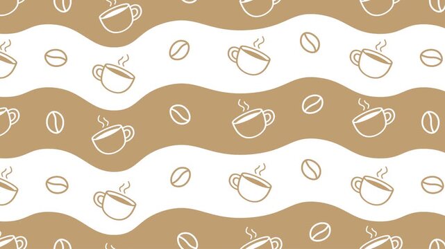 Hand drawn coffee cups and beans scrolling seamlessly over wavy brown stripes in an animated motion background