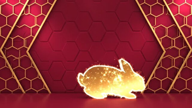 Glowing golden rabbit silhouette on red hexagonal background