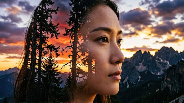 Double exposure portrait of woman face merged with mountain landscape at sunset