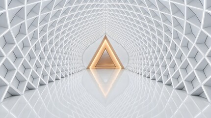 Fototapeta premium Futuristic white corridor with a glowing triangular portal showcasing complex geometric lattice patterns and highly reflective polished glossy floor surfaces