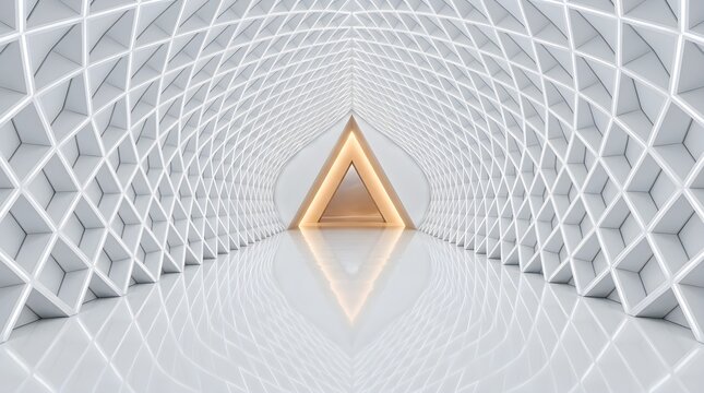 Futuristic white corridor with a glowing triangular portal showcasing complex geometric lattice patterns and highly reflective polished glossy floor surfaces