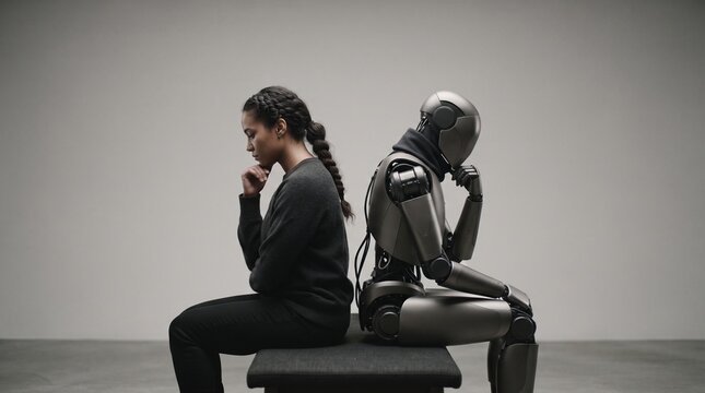 Human and robot contemplating together side by side in a thoughtful pose