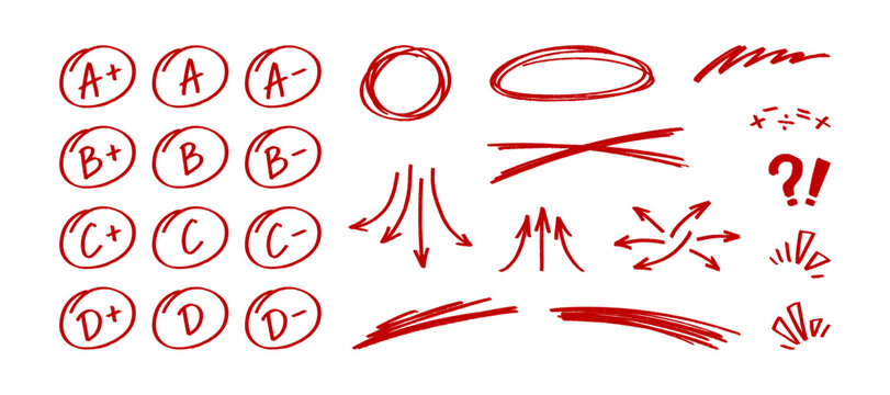 School grade exam marks set isolated on white background. Hand drawn red ink A, B, C, D grades with plus and minus, red circles, arrows, underlinings, and cross marks for paper checking, testing.