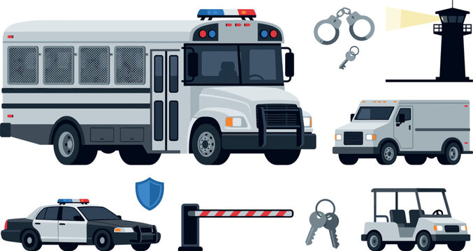 Prison Security and Police Vehicles Vector Icon Set Featuring Prisoner Transport Bus Patrol Car Armored Van Handcuffs and Watchtower Elements