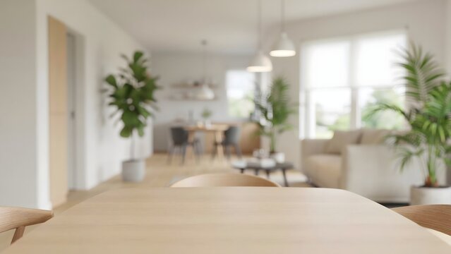 Empty wooden table photo blurred bright living room background product display mockup