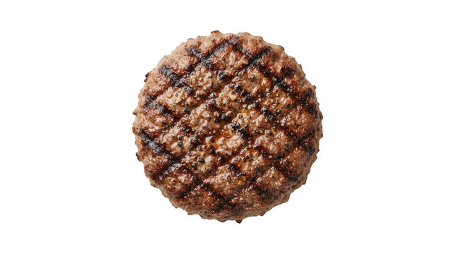 Grilled beef burger patty with char marks isolated on transparent background