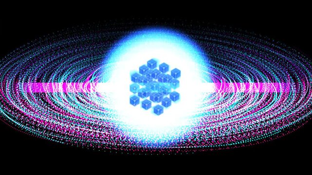 Abstract glowing blue atomic nucleus with digital particle rings and neon light energy