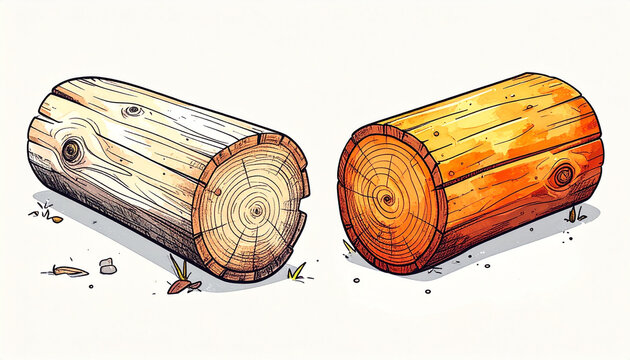 Illustration of Two Wooden Logs with Different Finishes