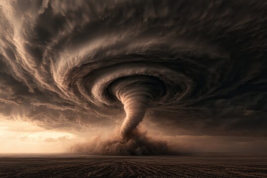 Massive swirling tornado beneath ominous storm clouds over barren plains, kicking up dust and debris.
