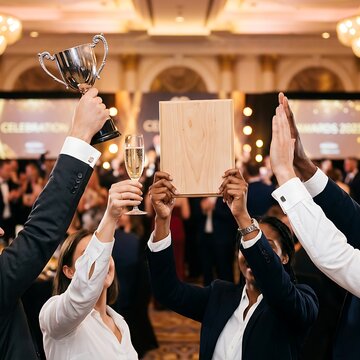 Businesspeople celebrating success with raised trophy, champagne glass, and wooden plaque award mockup at gala night.