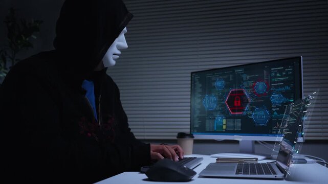 Cybersecurity hacker wearing anonymous mask working on computer code for data privacy protection and digital crime prevention concept