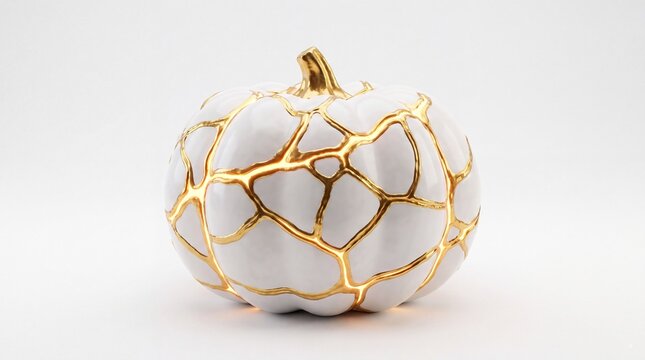 White Ceramic Pumpkin with Golden Cracks in Kintsugi Style